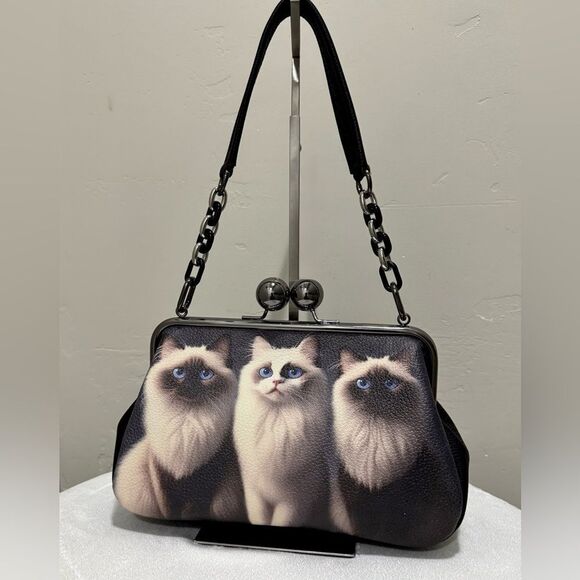 Unique Cats Print Pebble Cowhide Handmade Large Ball Kisslock Handbag, Multi Use - Picture 4 of 16